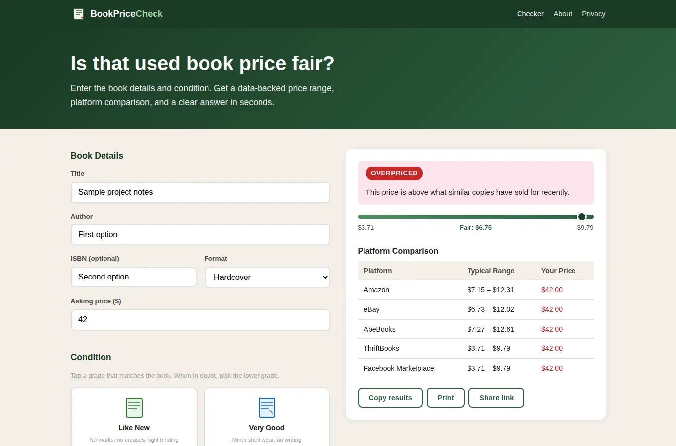 Screenshot of Used Book Price Fairness Checker interface showing the project page in use